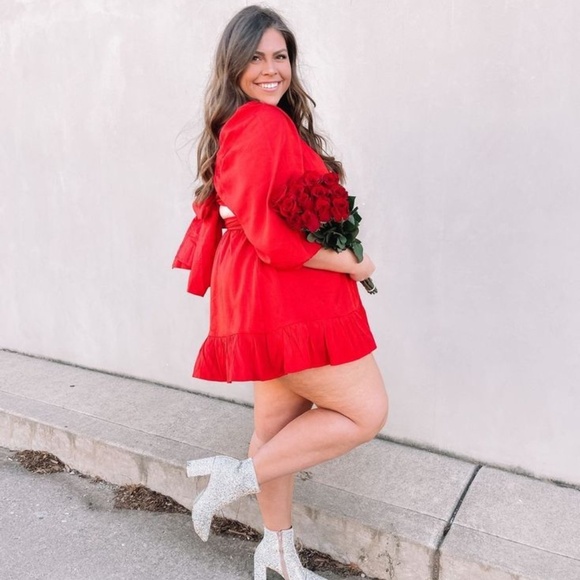 Sweeter With Time Balloon Sleeve Red Dress- Pink Lily - Picture 2 of 7